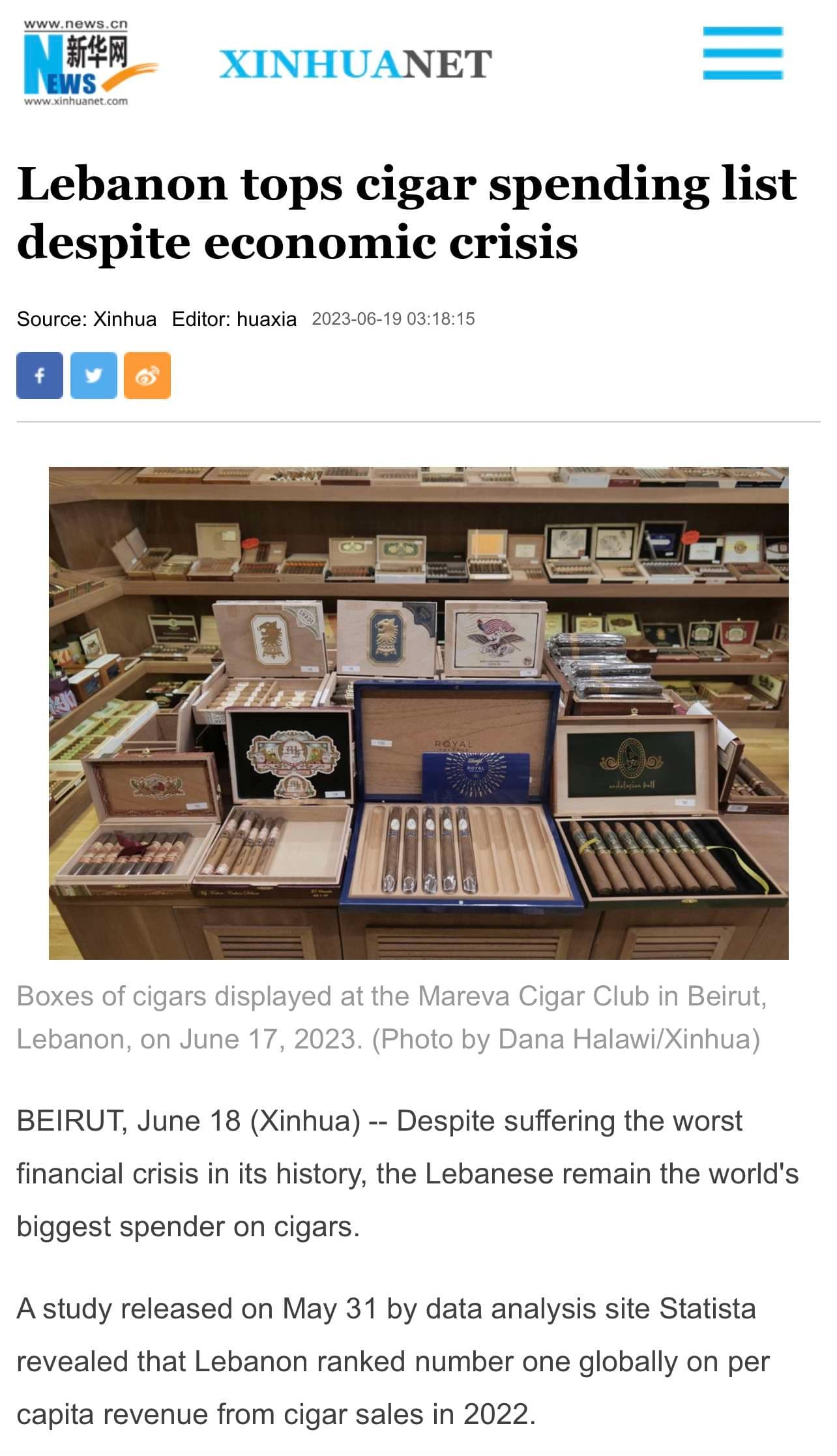Lebanon Tops Cigar Spending List: XinhuaNet Spotlights Club Mareva Beirut's Insights