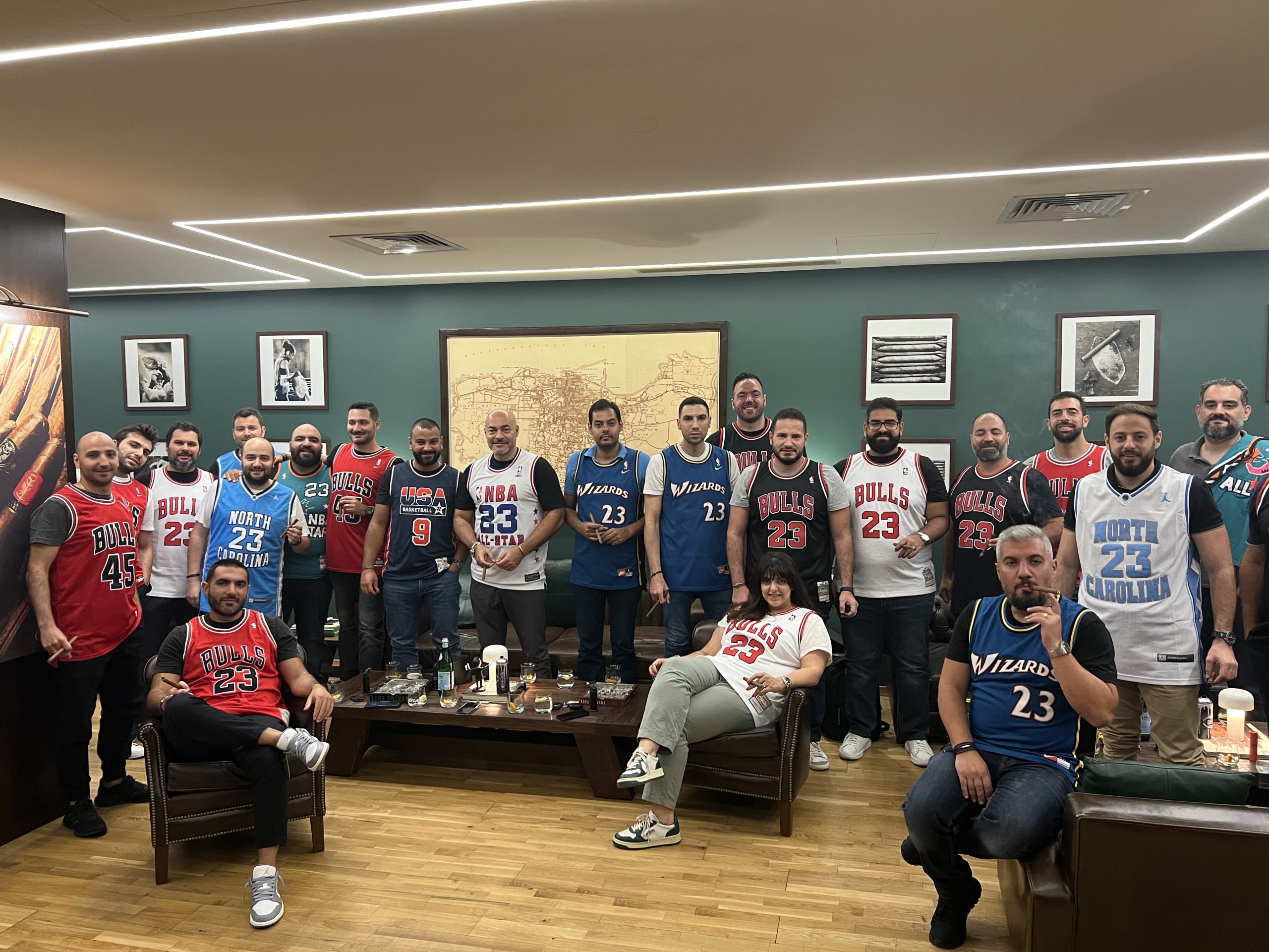 Club Mareva Beirut and Mareva Malt Mavericks attendees posing for a picture together wearing Michael Jordan jerseys