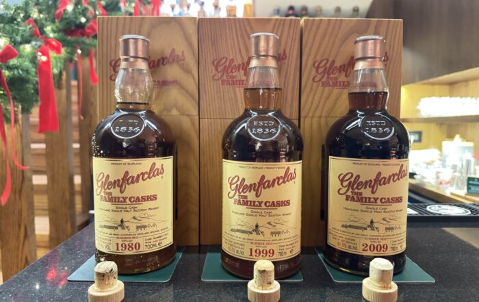 Glenfarclas Family Casks lined up, 1980, 1999, 2009