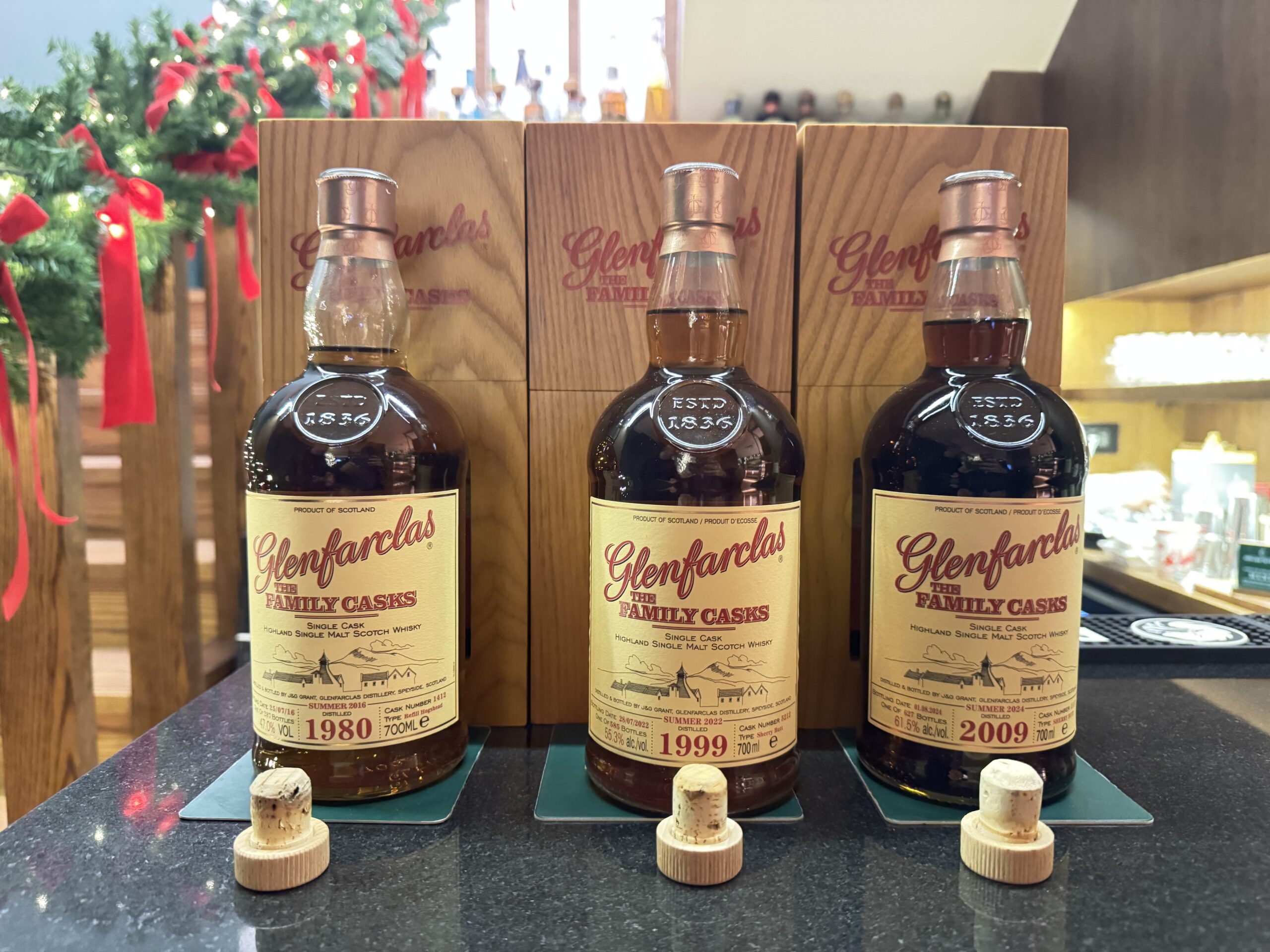 Glenfarclas Family Casks lined up, 1980, 1999, 2009